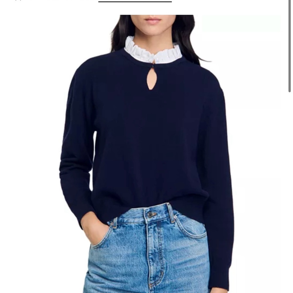 NWT Sandro Dark Blue Top with White Ruffle